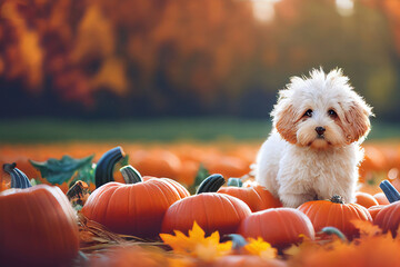 White dog in autumn harvest pumpkin patch