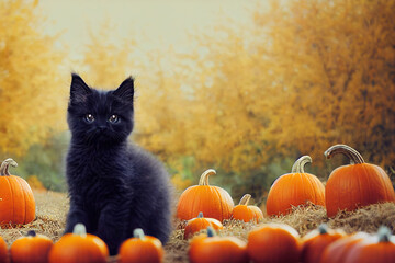 Black cat kitten in autumn fall pumpkin patch