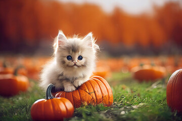 Little fluffy kitten in autumn fall pumpkin patch