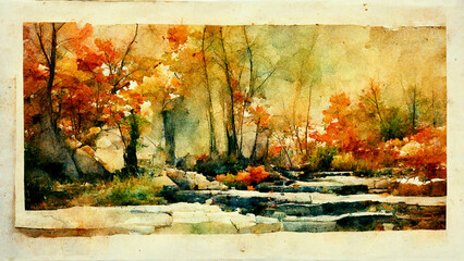 Lovely magic colored blurred foggy forest trees with illustrated abstract bokeh light.