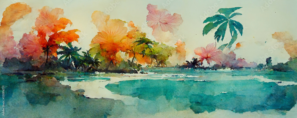 Wall mural Digital structure of painting. Watercolor summer tropic landscape.