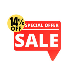 14% Off. Red Sale Tag Speech Bubble Set. special discount offer, Fourteen 