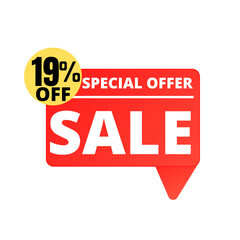 19% Off. Red Sale Tag Speech Bubble Set. special discount offer, Nineteen 