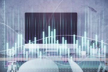 Multi exposure of financial graph drawing and office interior background. Concept of market analysis.