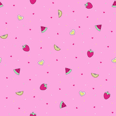 cute vector pattern of strawberries and watermelon, small fruit on pink background