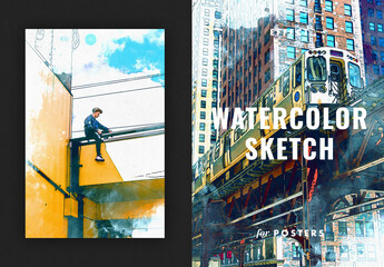 Watercolor and Pencil Sketch Poster Photo Effect Mockup