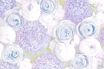 Relief of chrysanthemum and rose. Blue floral background. 3D illustration. 3D render
