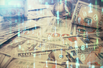 Double exposure of data theme drawing over us dollars bill background. Technology concept.