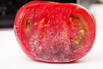 a piece of tomato covered with white and black mold.