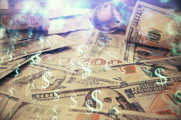 Multi exposure of forex chart drawing over us dollars bill background. Concept of financial success markets.