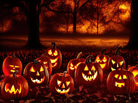 Spooky lit halloween jack-o-lantern pumpkins in the field