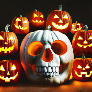 Halloween jack-o-lantern pumpkin in shape of human skull
