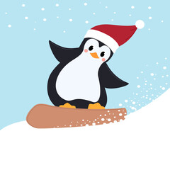 Penguin rides a snowboard in a santa claus hat. Merry New Year Christmas vector illustration.
