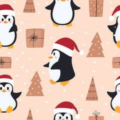 Christmas seamless pattern with penguins, Christmas trees and holiday gifts. Vector illustration.