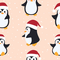 Christmas seamless pattern with penguins. New Year vector illustration.