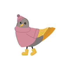 Cute winter bird in a hat and sweater with a gift, gray bird in cartoon style