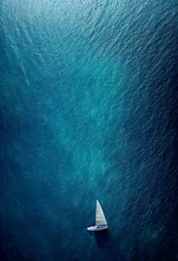 Foto auf Alu-Dibond Aerial view of luxury motor boat. Speed boat on the azure sea in turquoise blue water - birdseye aerial view of boat. aerial view  © Viks_jin