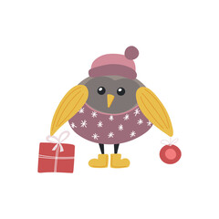 Cute winter bird in a hat and sweater with a gift, gray bird in cartoon style