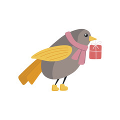 Cute winter bird in a scarf with a gift in its beak, gray bird in cartoon style