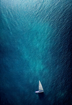 Aerial view of luxury motor boat. Speed boat on the azure sea in turquoise blue water - birdseye aerial view of boat. aerial view
