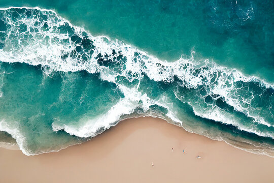Aerial view of the sandy beach near the sea with waves. Top view of incredibly beautiful azure water © Viks_jin