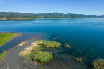 SAPANCA LAKE in SAPANCA, SAKARYA, TURKEY. Beautiful lake landscape. Aerial view with drone.