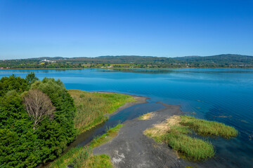 SAPANCA LAKE in SAPANCA, SAKARYA, TURKEY. Beautiful lake landscape. Aerial view with drone.