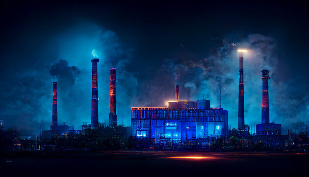 A chemicals factory illuminated with colorful floodlights at night creating a pollution. Gas price concept. Oil refinery and power plant and smokestacks with rising smoke.