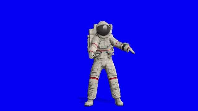 astronaut is dancing a classic floss dance in blue chroma key background