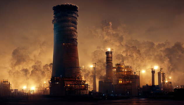 A chemical factory illuminated at night, with colored lights. A polluted pipeline and chimney stack with smoke rising. The concept of pollution and the price of gas. 3D illustration digital painting.