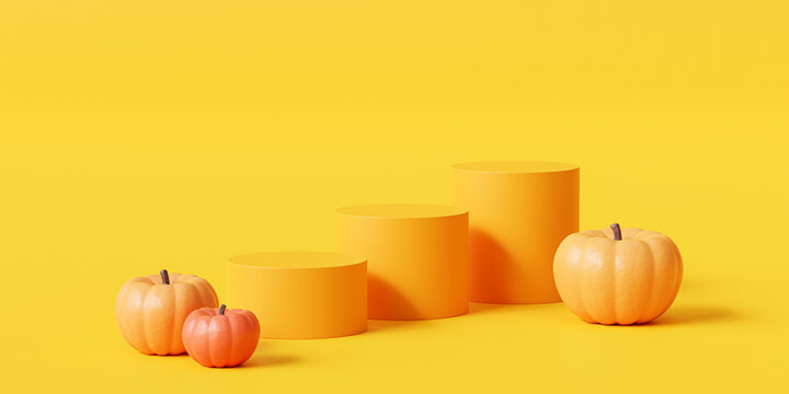 Pumpkins near to podium, abstract background for advertising on autumn holidays or sales, 3d render