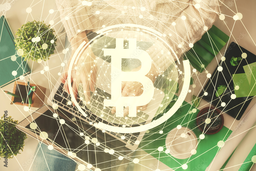 Poster Double exposure of woman hands working on computer and blockchain theme hologram drawing. Top View. bitcoin cryptocurrency concept.