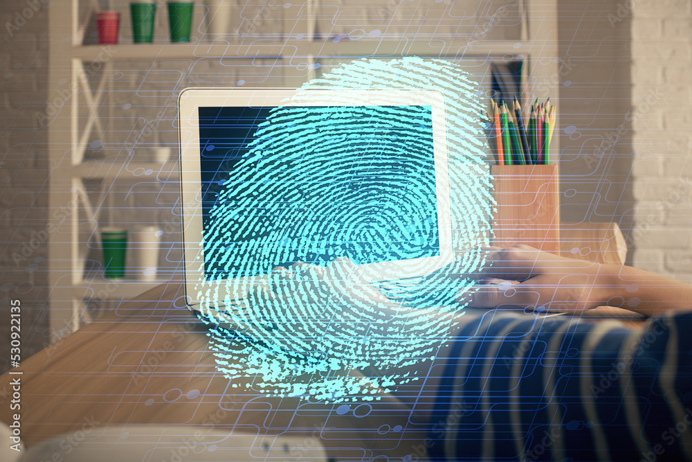 Poster double exposure of woman hands typing on computer and fingerprint drawing. security concept.