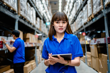 Women warehouse worker using digital tablets to check the stock inventory in large warehouses, a Smart warehouse management system, supply chain and logistic network technology concept.