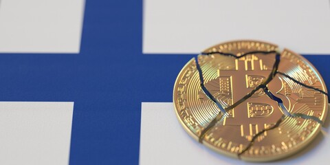 Flag of Finland and destroyed bitcoin. Cryptocurrency ban or restrictions related 3d rendering