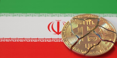Flag of Iran and broken bitcoin. Cryptocurrency ban or crypto legal issues concepts, 3d rendering