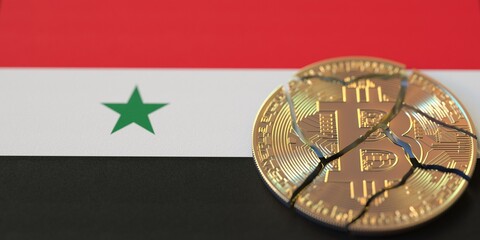 Fototapeta na wymiar Flag of Syria and broken bitcoin. Cryptocurrency ban or crypto legal issues concepts, 3d rendering