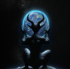 Evil entity holding earth, digital art with a dark background - obrazy, fototapety, plakaty