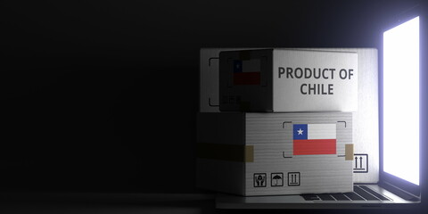 PRODUCT OF CHILE text and flag sticker on the boxes on the laptop on dark background. 3D rendering