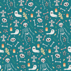 White skeleton and ghosts on green vector seamless pattern. Halloween background for decoration