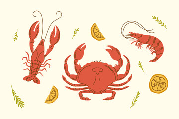 Shrimp, crawfish and crab vector set illustration with limon. Seafood vector design elements