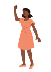 Person celebrating success. Young brave girl in dress raises fist up and rejoices at achievement of goals. Positive ambitious character. Cartoon flat vector illustration isolated on white background