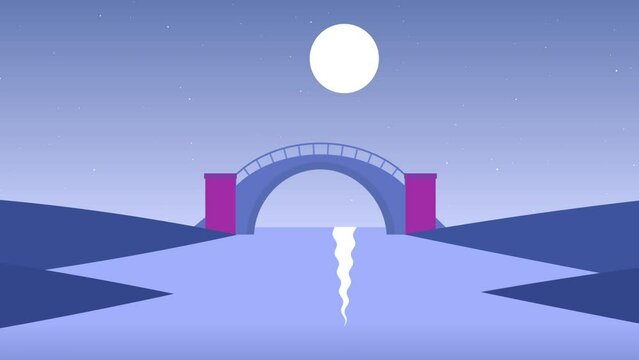 Moonlit river landscape with camera pulling back under bridge