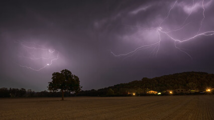 Lightning at night at Espejo, Alava, Spain