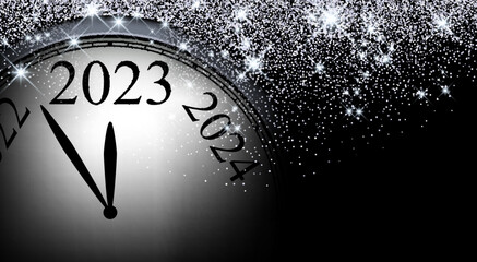 Fototapeta na wymiar Banner with half-hidden clock showing 2023 with silver sparkling stars.