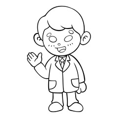 cartoon image of a doctor standing with his hands up to say hello is a line drawing