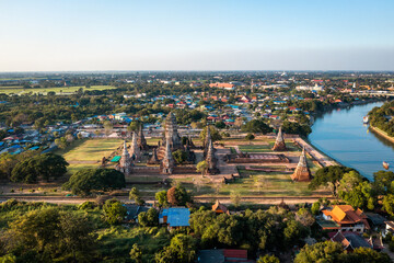 Aerial view of Wat Chaiwatthanaram ruin temple in Ayutthaya, Thailand