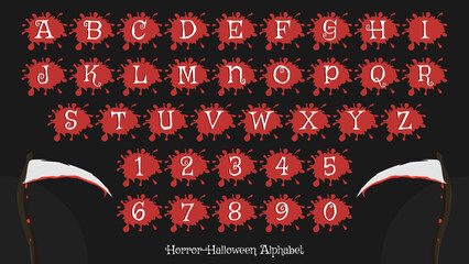 Bloody alphabet full pack isolated on black background. Horror font with blood and sickle. Happy Halloween text style.