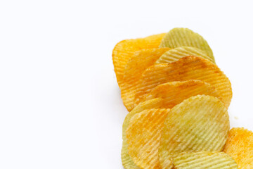 Potato chips on white background.