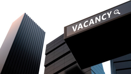 Vacancy concept.Word VACANCY with a magnifying glass on a tabloid on the background of the metropolis,office buildings of the city. 3D render. - obrazy, fototapety, plakaty